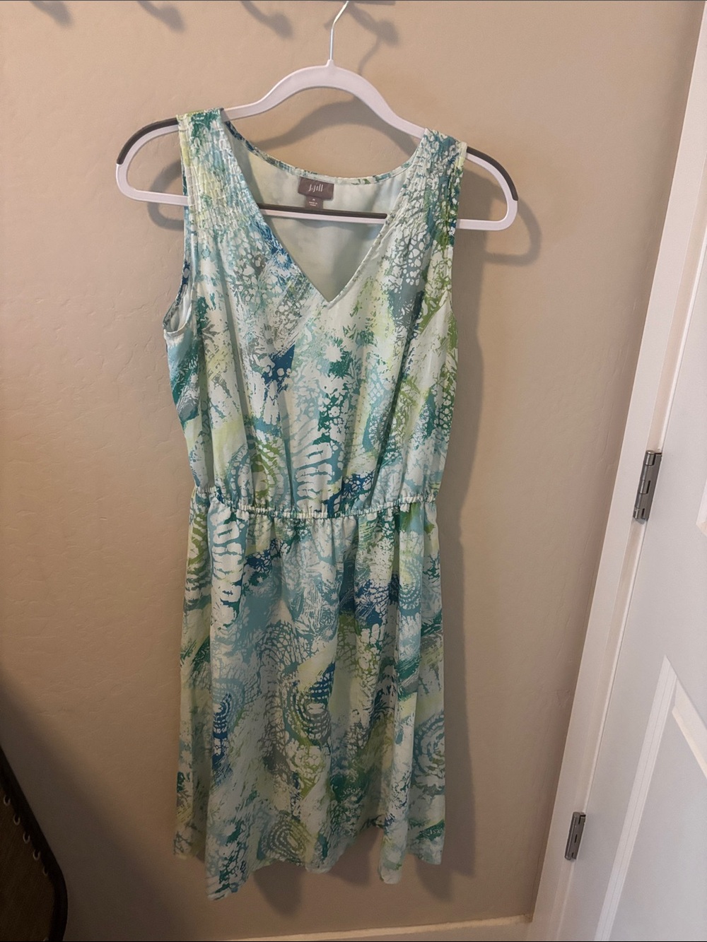 J. Jill Sleeveless V-Neck Teal, Seafoam & Lime Print Dress